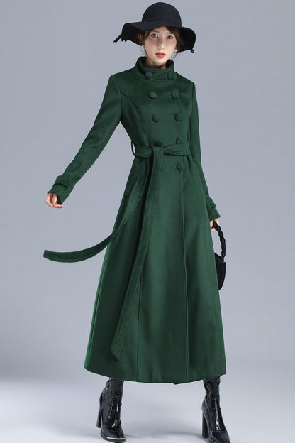 Green Wool Long Coat - Double Breasted with Belt 3214