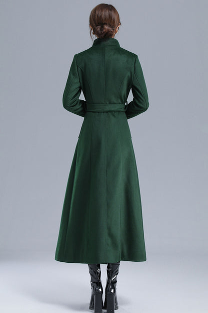 Green Wool Long Coat - Double Breasted with Belt 3214