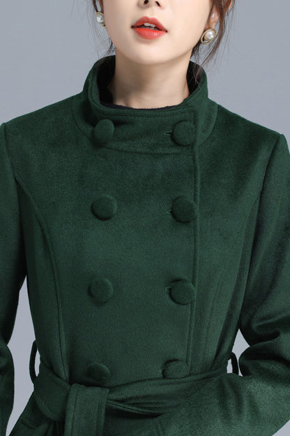 Green Wool Long Coat - Double Breasted with Belt 3214