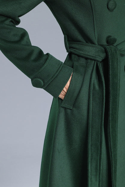 Green Wool Long Coat - Double Breasted with Belt 3214