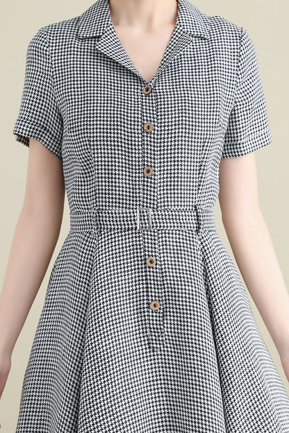 Black & White Cotton Linen Dress - Vintage 50s Fit-and-Flare Silhouette 3280