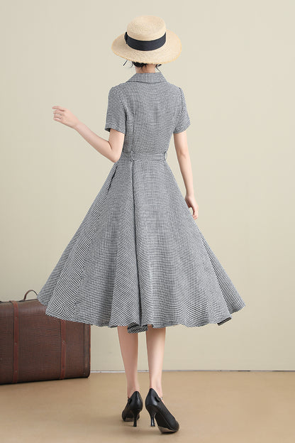 Black & White Cotton Linen Dress - Vintage 50s Fit-and-Flare Silhouette 3280