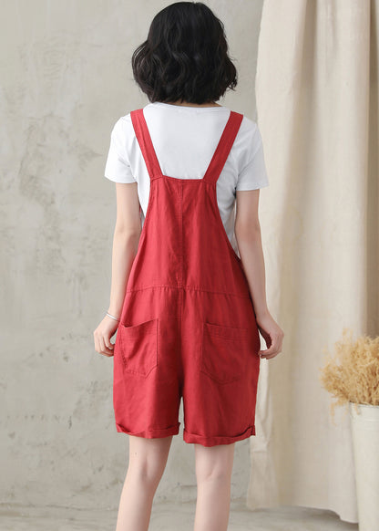Orange Cotton Linen Overalls Shorts - Adjustable Strap, Loose Fit 2815