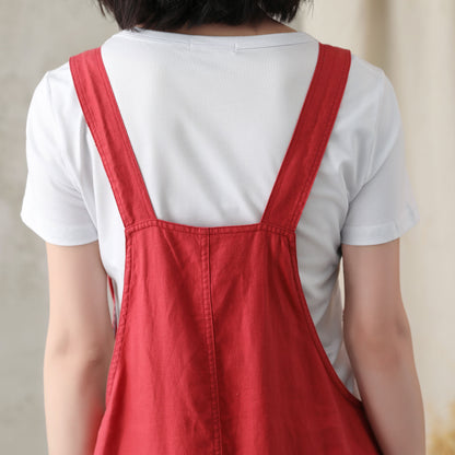 Orange Cotton Linen Overalls Shorts - Adjustable Strap, Loose Fit 2815