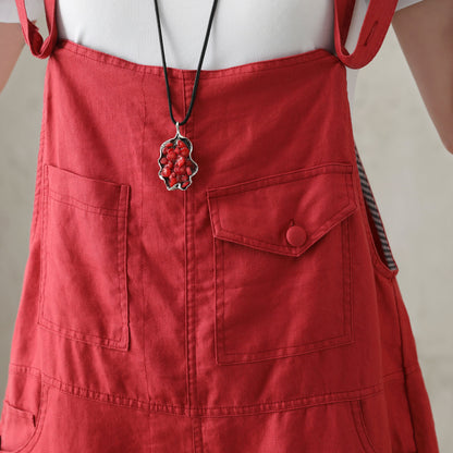 Orange Cotton Linen Overalls Shorts - Adjustable Strap, Loose Fit 2815