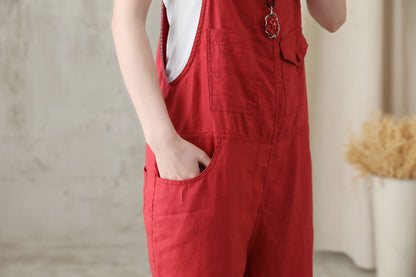 Orange Cotton Linen Overalls Shorts - Adjustable Strap, Loose Fit 2815