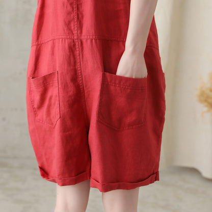 Orange Cotton Linen Overalls Shorts - Adjustable Strap, Loose Fit 2815
