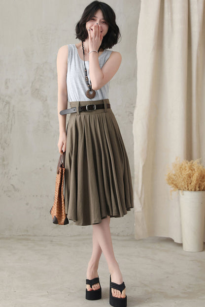 Army Green Linen Skirt - Pleated Full Circle with Pockets 281711