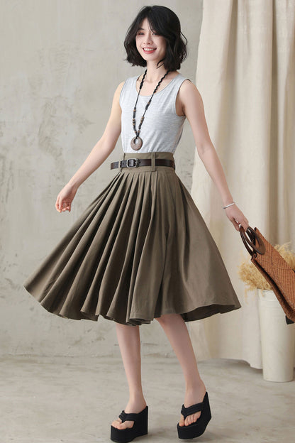 Feminine Linen Midi Skirt in Dark Brown – High-Waist Pleats – 2589