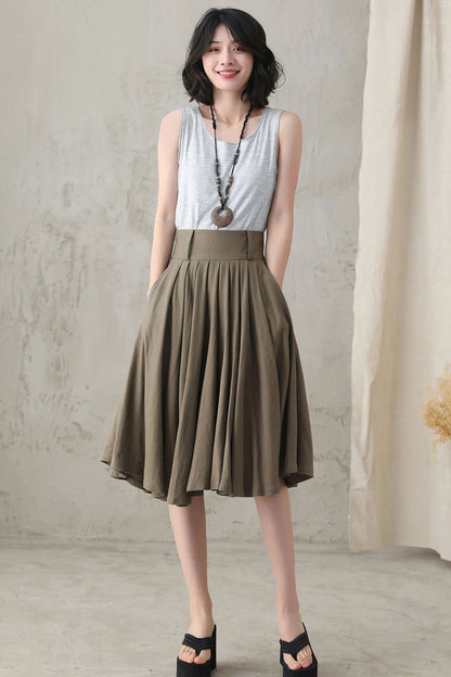 Army Green Linen Skirt - Pleated Full Circle with Pockets 281711