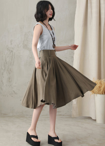 Feminine Linen Midi Skirt in Dark Brown – High-Waist Pleats – 2589