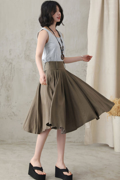 Army Green Linen Skirt - Pleated Full Circle with Pockets 281711