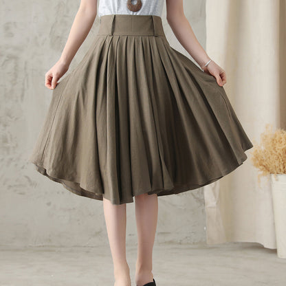 Feminine Linen Midi Skirt in Dark Brown – High-Waist Pleats – 2589