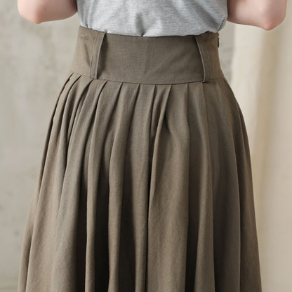 Feminine Linen Midi Skirt in Dark Brown – High-Waist Pleats – 2589