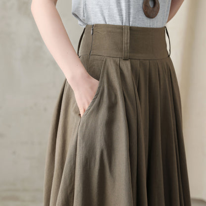 Feminine Linen Midi Skirt in Dark Brown – High-Waist Pleats – 2589