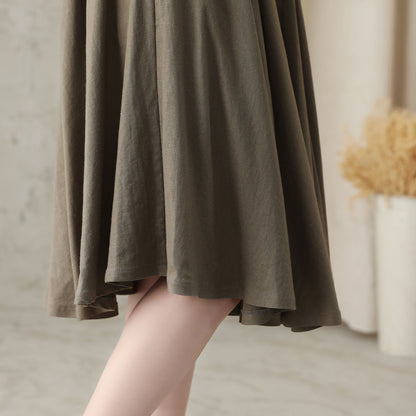 Feminine Linen Midi Skirt in Dark Brown – High-Waist Pleats – 2589