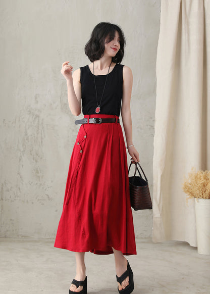Women Red A-Line Midi Linen Skirt 281802