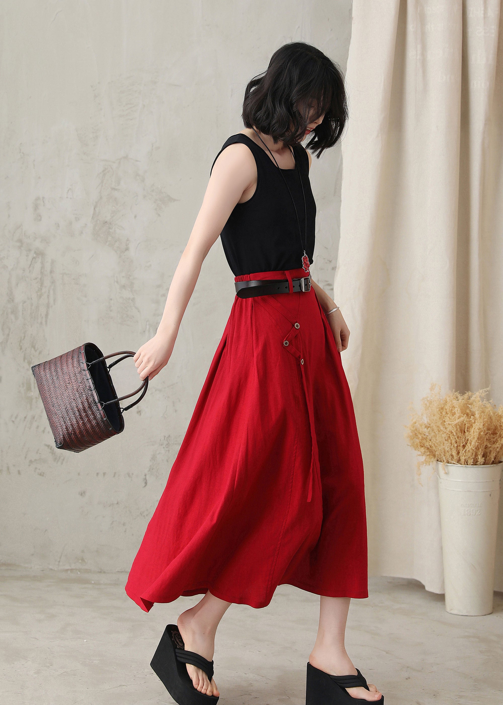 Women Red A-Line Midi Linen Skirt 281802