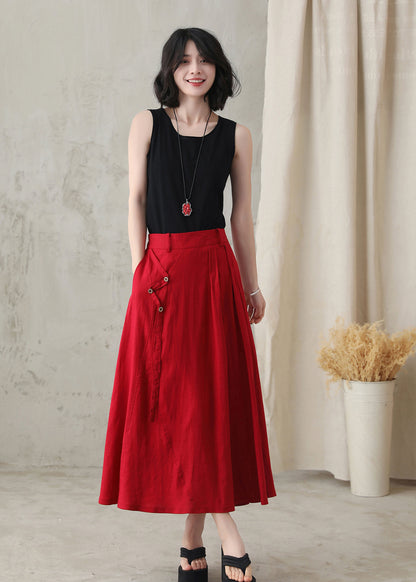 Women Red A-Line Midi Linen Skirt 281802