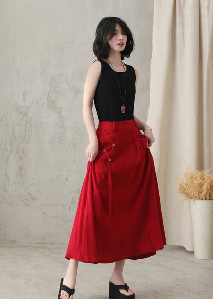 Women Red A-Line Midi Linen Skirt 281802