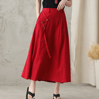 Women Red A-Line Midi Linen Skirt 281802