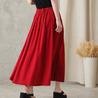 Women Red A-Line Midi Linen Skirt 281802