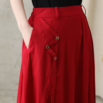 Women Red A-Line Midi Linen Skirt 281802