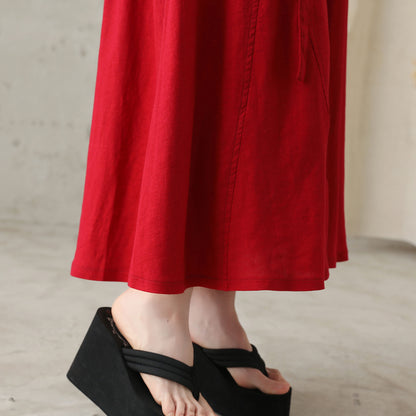 Women Red A-Line Midi Linen Skirt 281802