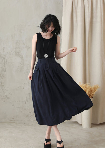 Navy Linen Blend Midi Skirt - Pleated High Waistband with Pockets 281902