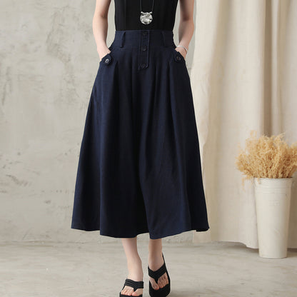 Navy Linen Blend Midi Skirt - Pleated High Waistband with Pockets 281902
