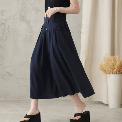 Navy Linen Blend Midi Skirt - Pleated High Waistband with Pockets 281902