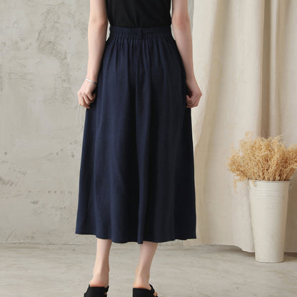Navy Linen Cotton Midi Skirt - Pleated High Waist with Pockets 2819