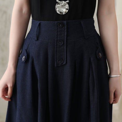 Navy Linen Blend Midi Skirt - Pleated High Waistband with Pockets 281902