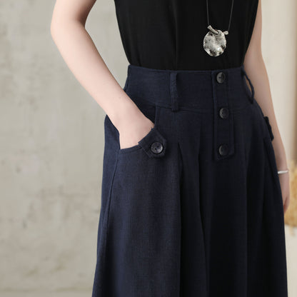 Navy Linen Cotton Midi Skirt - Pleated High Waist with Pockets 2819