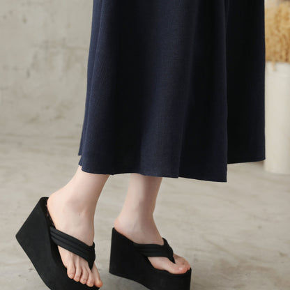 Navy Linen Cotton Midi Skirt - Pleated High Waist with Pockets 2819