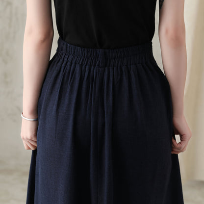 Navy Linen Blend Midi Skirt - Pleated High Waistband with Pockets 281902