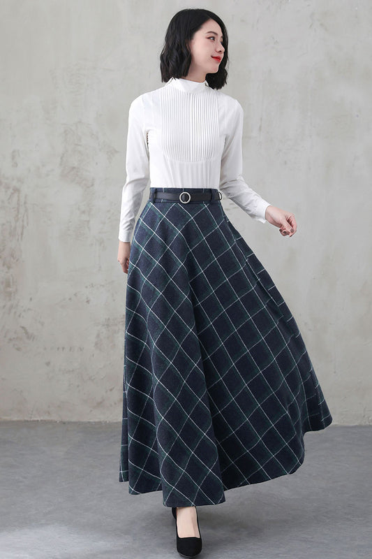 Women Long Wool Plaid Skirt 4002,Size XS #CK2202636