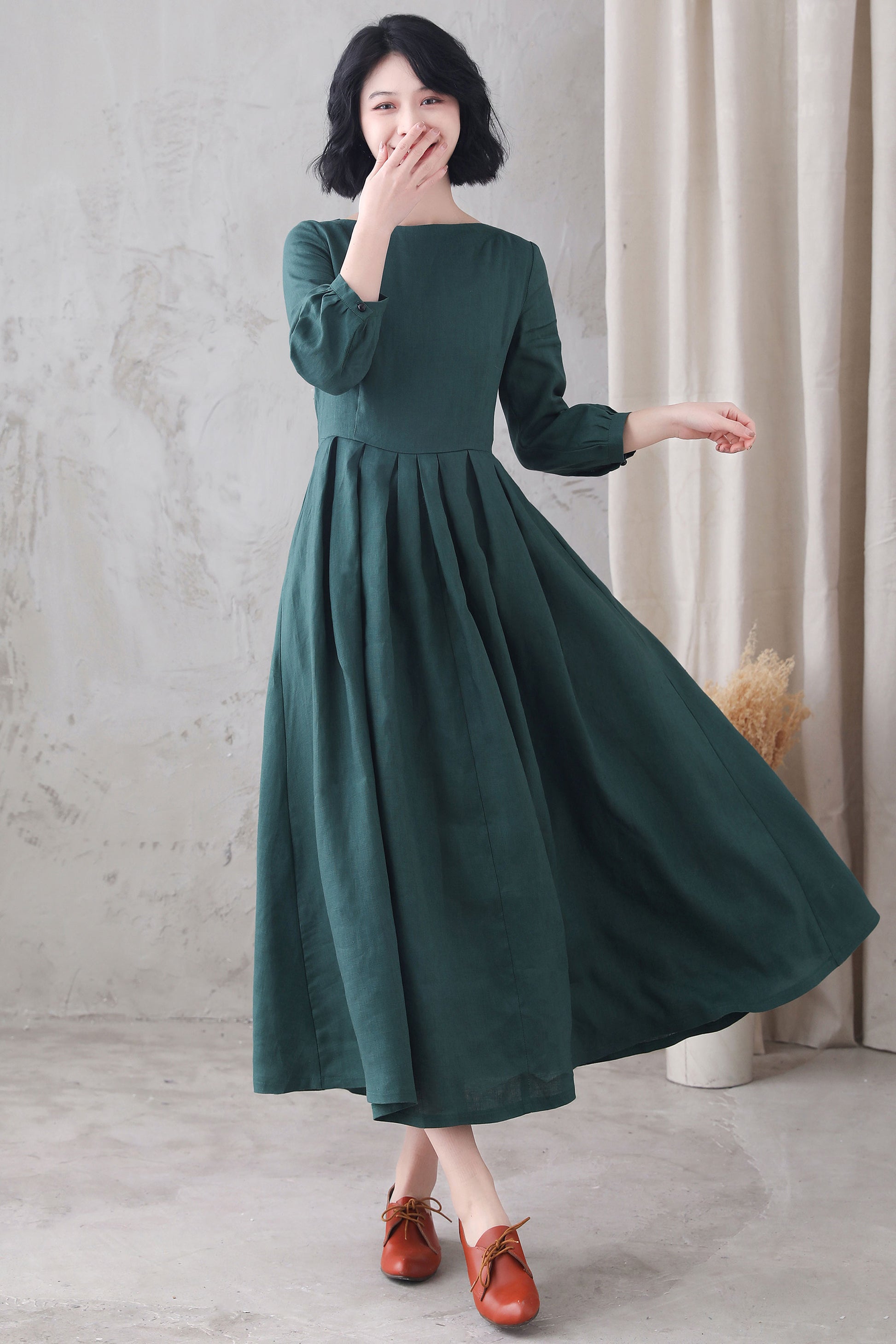 3/4 Sleeve Long Linen Dress 3282 - XS / green 3/4 Sleeve Long Linen Dress 3282 - XS / green