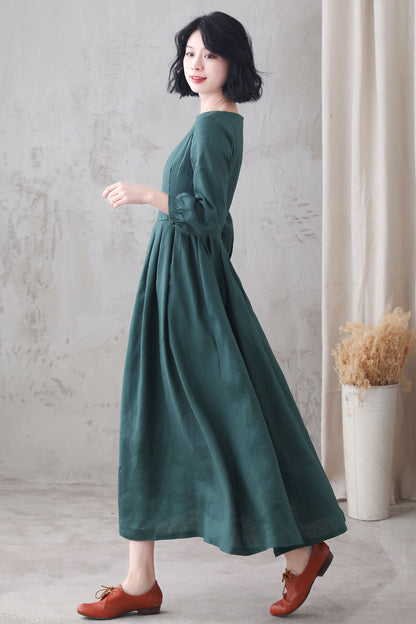 Emerald Green Linen Maxi Dress - Pleated Waist, 3/4 Sleeve 3282