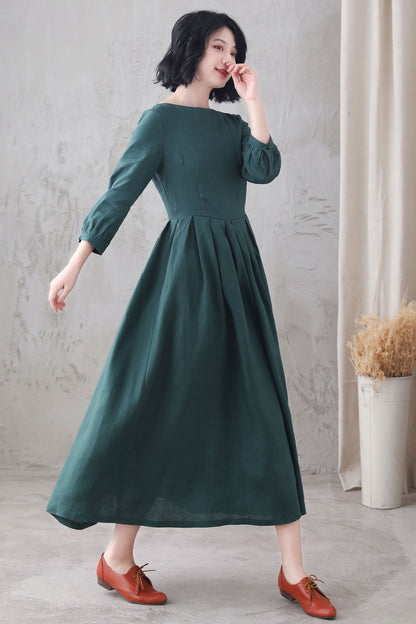 Emerald Green Linen Maxi Dress - Pleated Waist, 3/4 Sleeve 3282