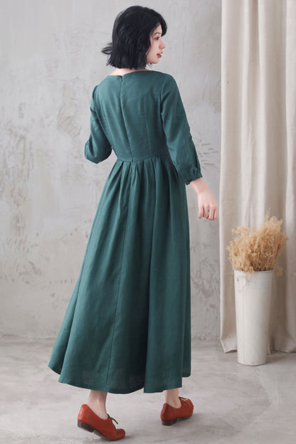 Emerald Green Linen Maxi Dress - Pleated Waist, 3/4 Sleeve 3282
