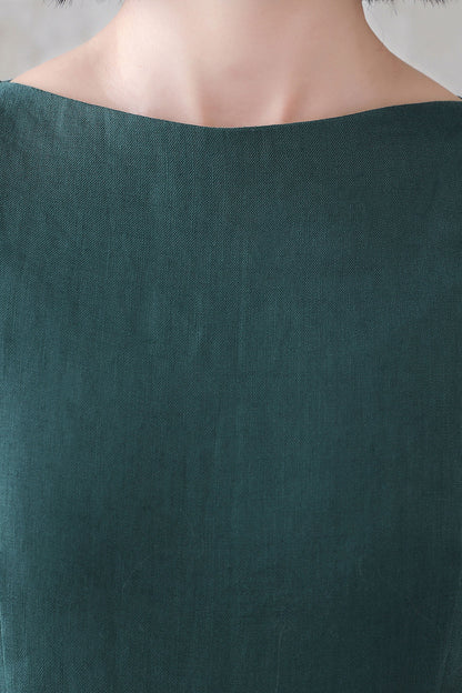 Emerald Green Linen Maxi Dress - Pleated Waist, 3/4 Sleeve 3282