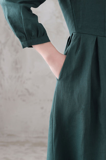 Emerald Green Linen Maxi Dress - Pleated Waist, 3/4 Sleeve 3282