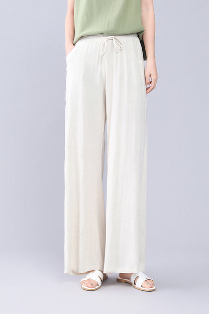 Beige Linen Wide Leg Pants - Elastic Waist, High Waisted 3556