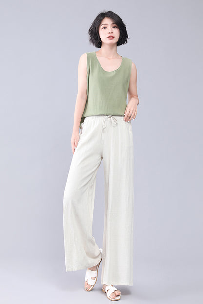 Beige Linen Wide Leg Pants - Elastic Waist, High Waisted 3556