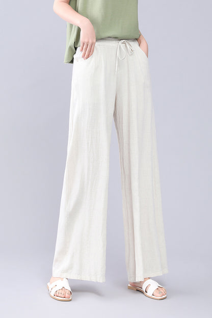 Beige Linen Wide Leg Pants - Elastic Waist, High Waisted 3556