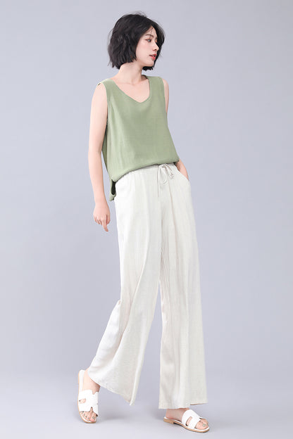 Beige Linen Wide Leg Pants - Elastic Waist, High Waisted 3556