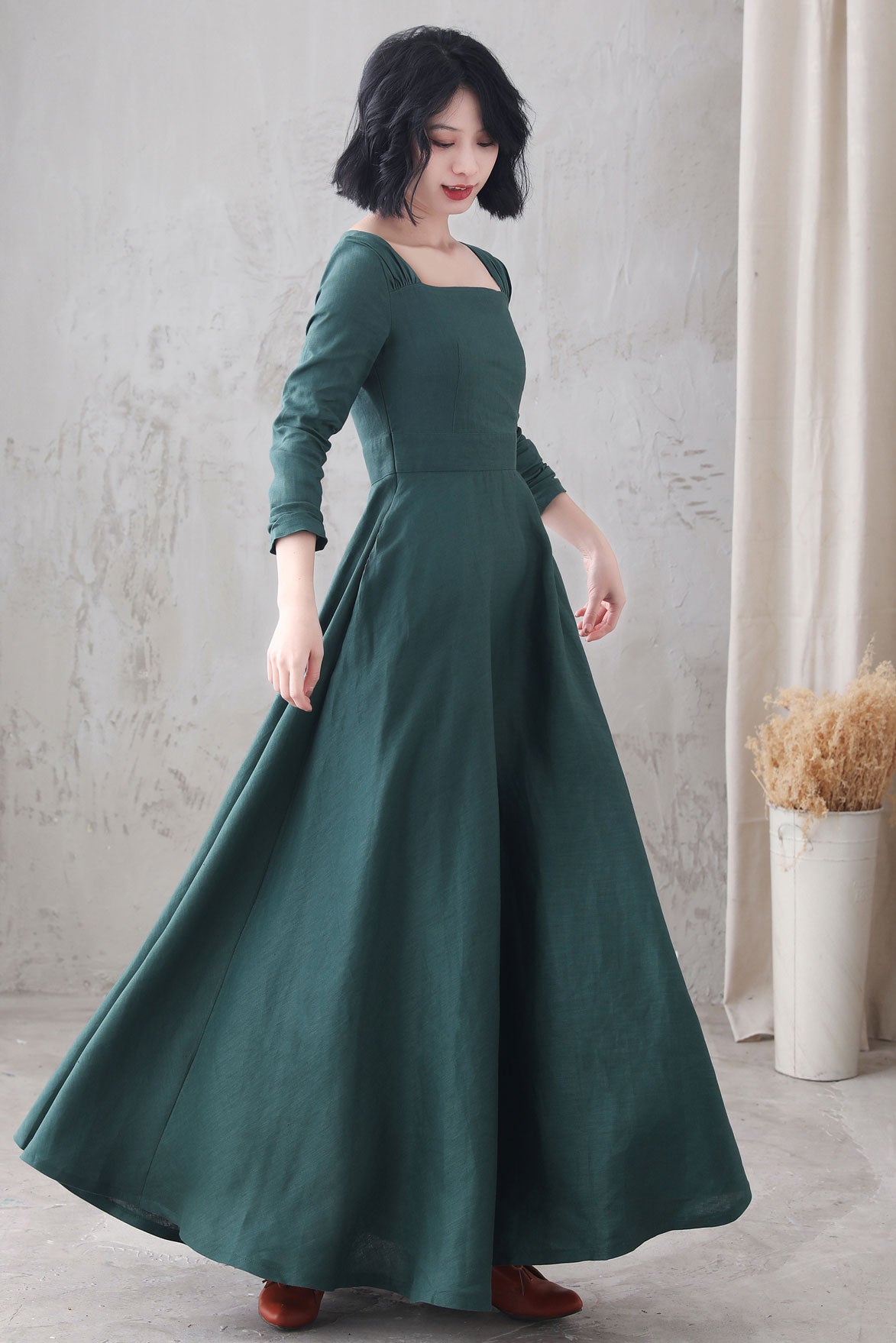 Long sleeve Linen Maxi dress with pocket 3285