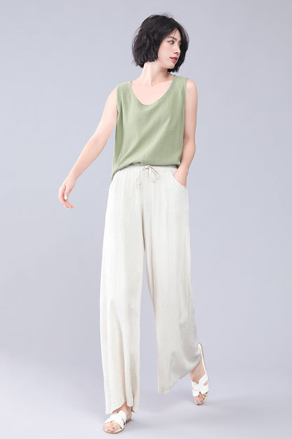 Beige Linen Wide Leg Pants - Elastic Waist, High Waisted 3556