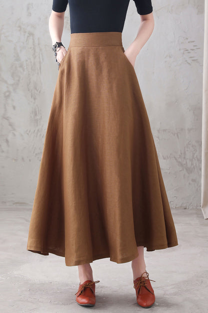 Brown Linen Maxi Skirt - High Waist A-Line Silhouette 3286